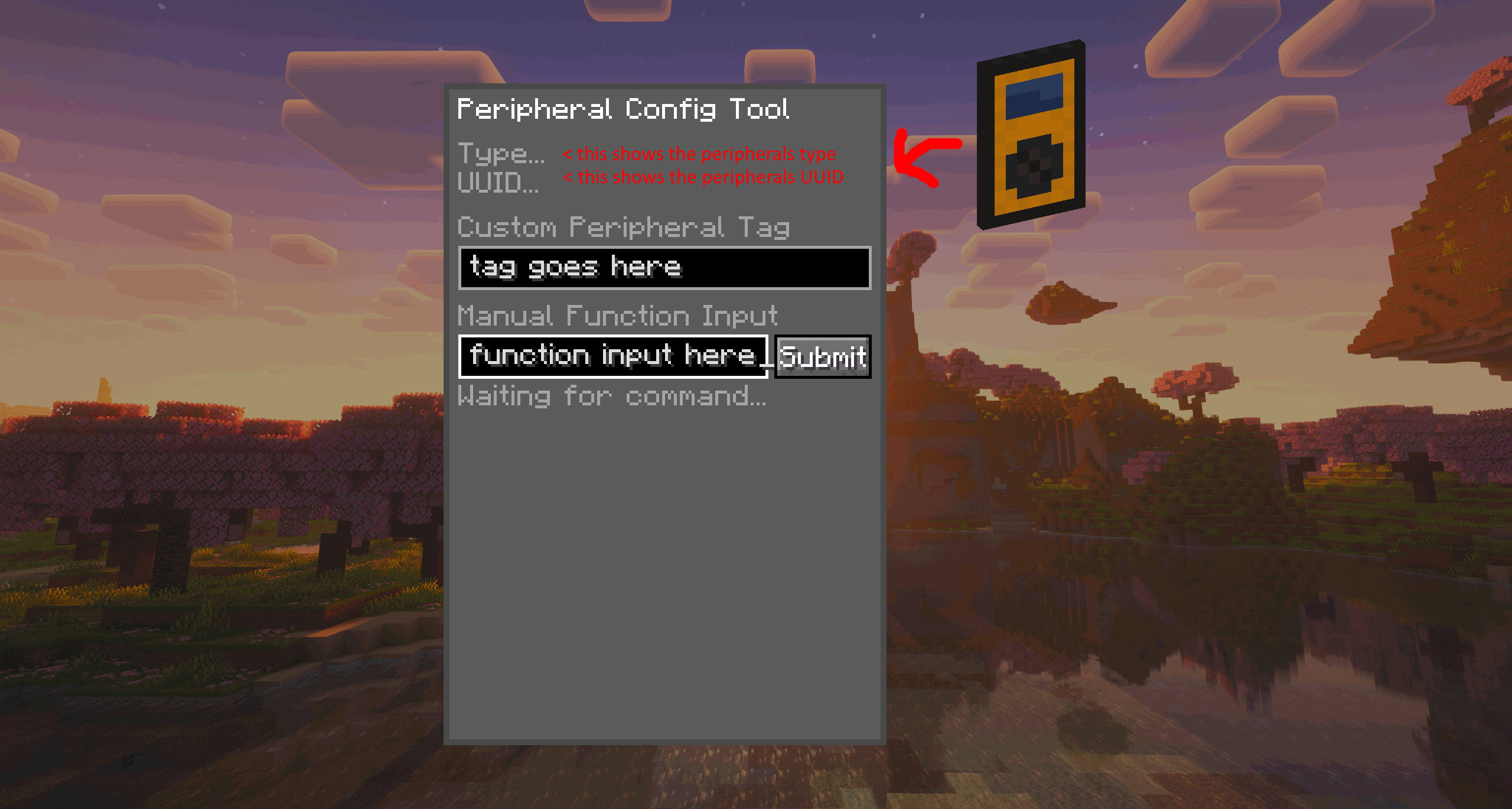 Picture of Peripheral Config Tool UI, with fields for peripheral type, uuid, custom tag, and manual function input